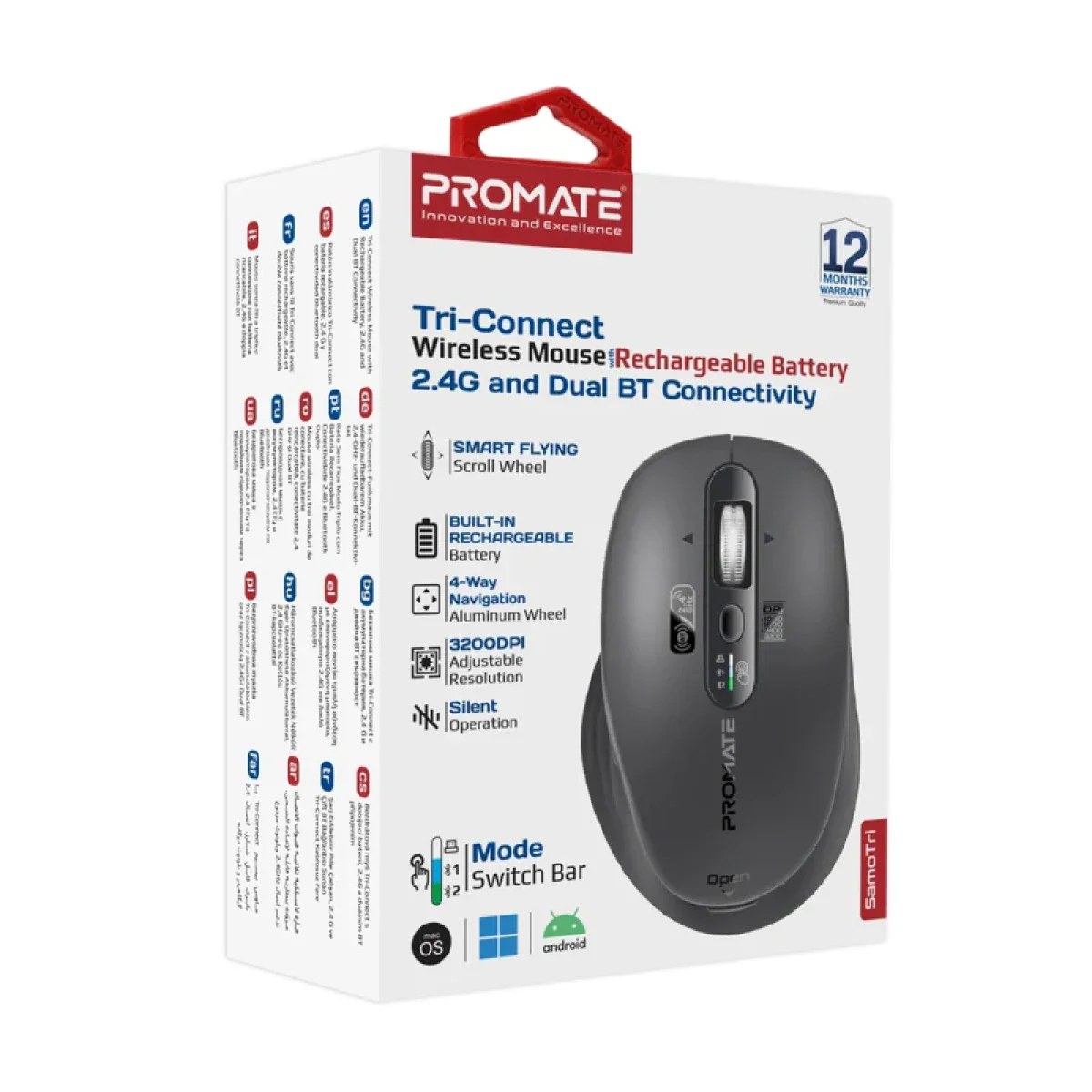 ماوس لاسلكية صامتة بـ 3 أوضاع اتصال وعجلة تمرير ذكية وشحن USB-C من PROMATE - Image 7