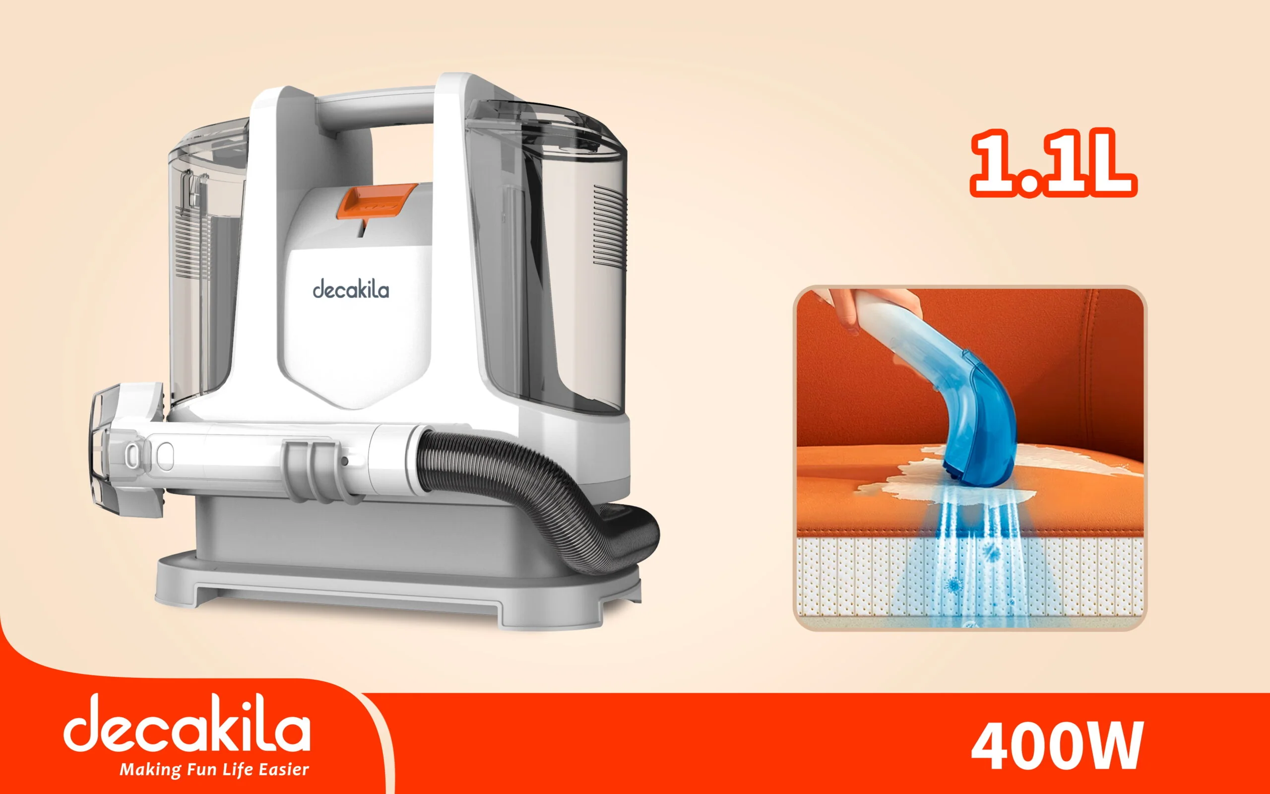 Decakila Portable Spot Cleaner – 400W, 1.1L Tank, IPX4 (CEVC006W)