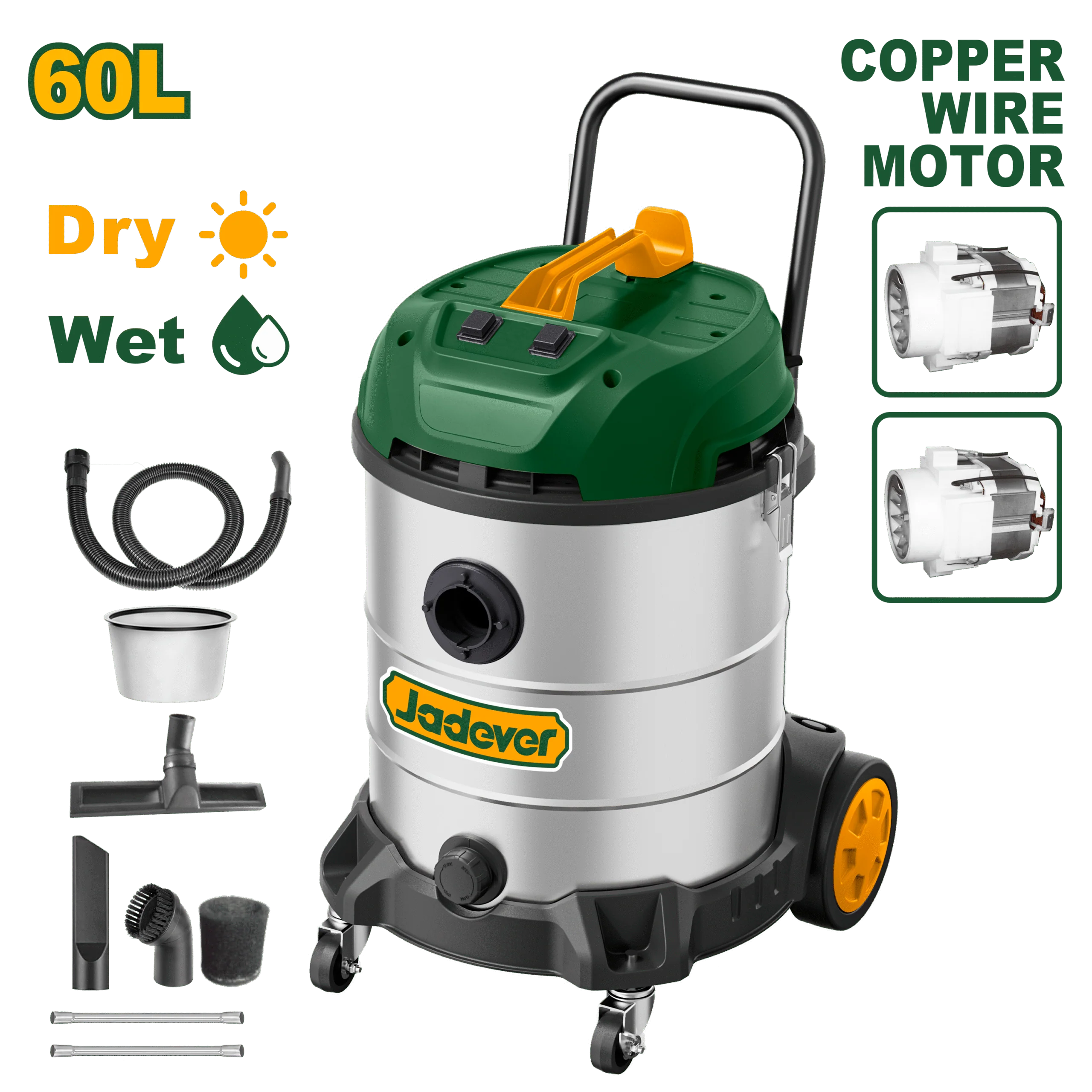 JADEVER Heavy-Duty 60L Wet & Dry Vacuum Cleaner – 2 x 1200W, Stainless Steel Tank (JDVR5A60)
