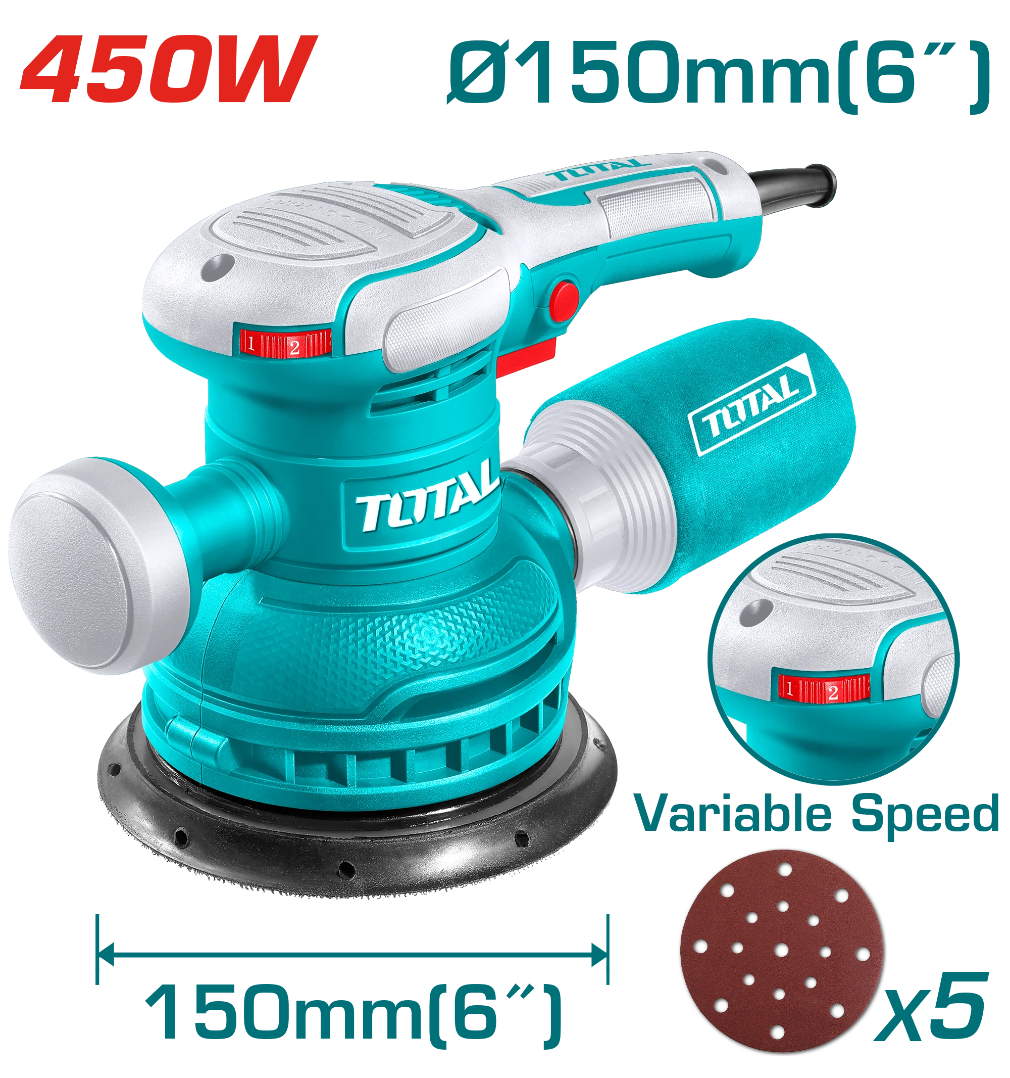 TOTAL Electric Rotary Sander with Variable Speed 450W - 150mm | 6" (TF2061506)