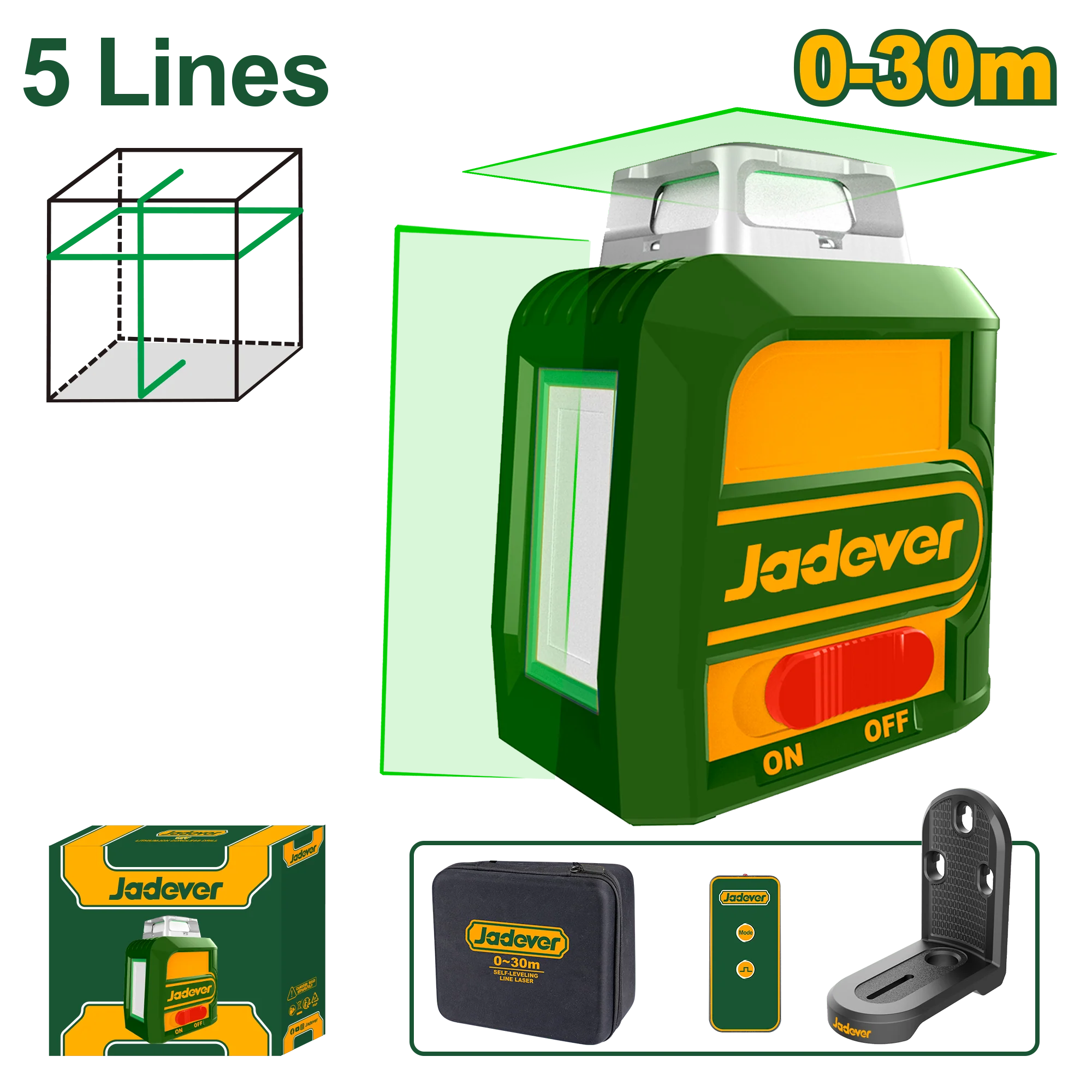 جهاز ليزر أخضر ذاتي التسوية 360° من JADEVER بدقة ±2 مم ومدى 30 متر