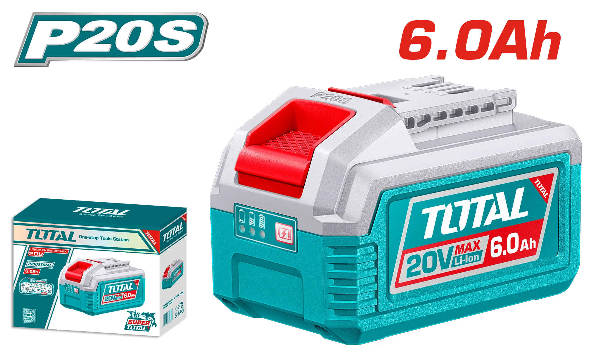 مجموعة بطاريات ليثيوم-أيون TOTAL 20 فولت 6.0AH مع مؤشر LED للسلسلة P20S