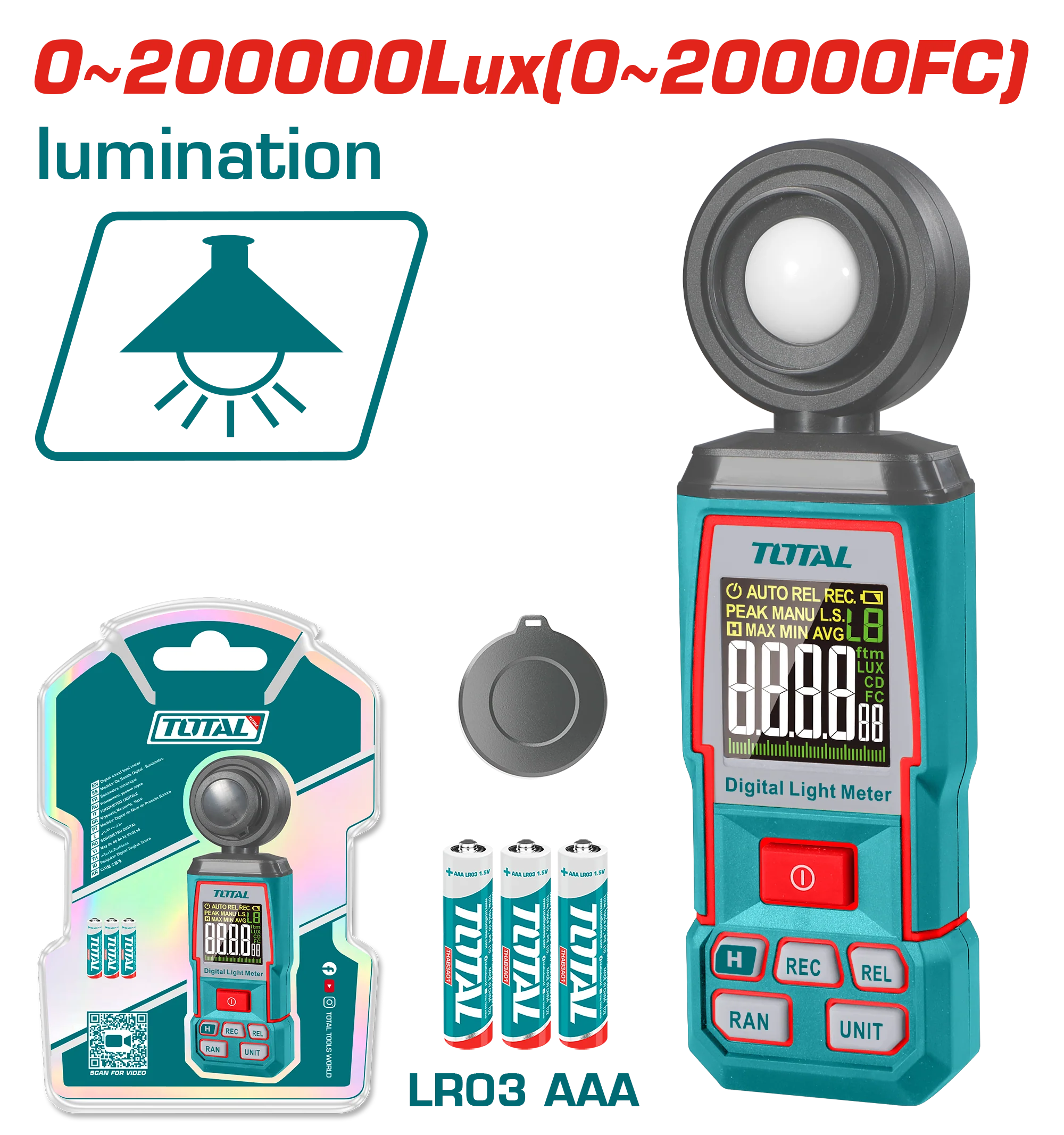 مقياس شدة الإضاءة الرقمي TOTAL دقة عالية حتى 200,000 لوكس