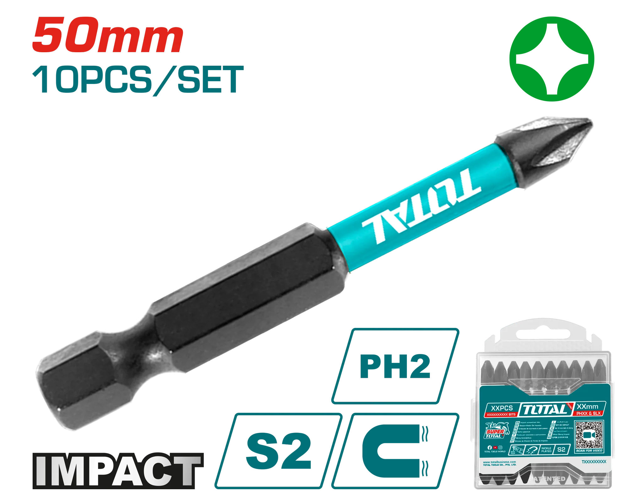 مجموعة رؤوس مفكات تأثير TOTAL PH2 50 مم - 10 قطع فولاذ S2 مع منطقة صدمة