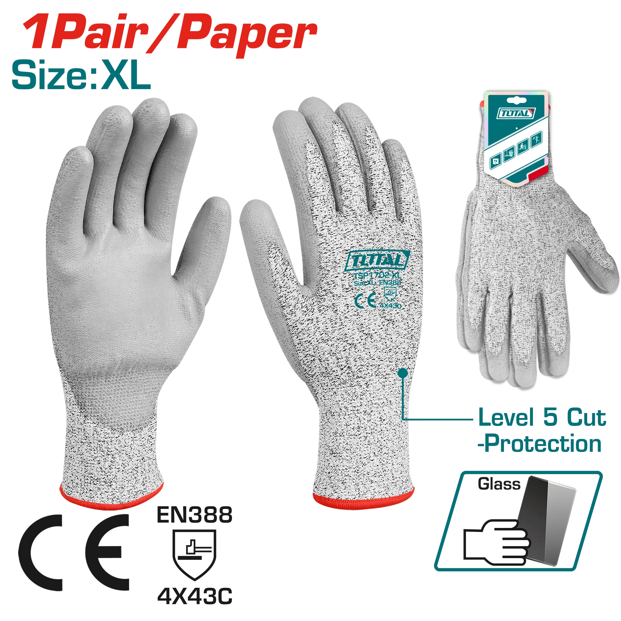 TOTAL Cut-Resistance Gloves – Level 5 Protection, PU Coated (TSP1702-XL)