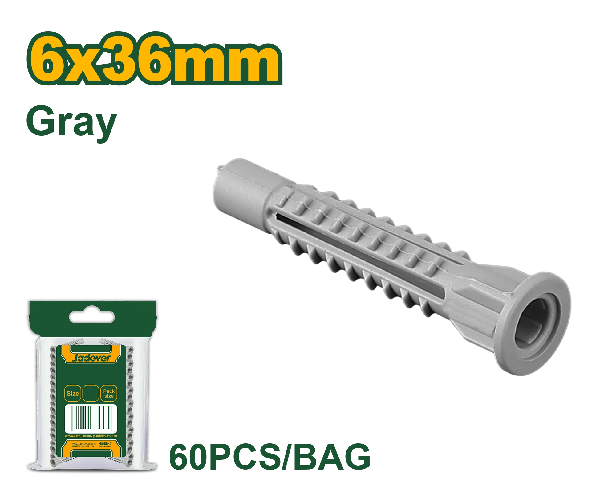 JADEVER Universal Wall Anchors – 6×36mm, Gray, 60 Pcs PE Anchors (JDXTD911)