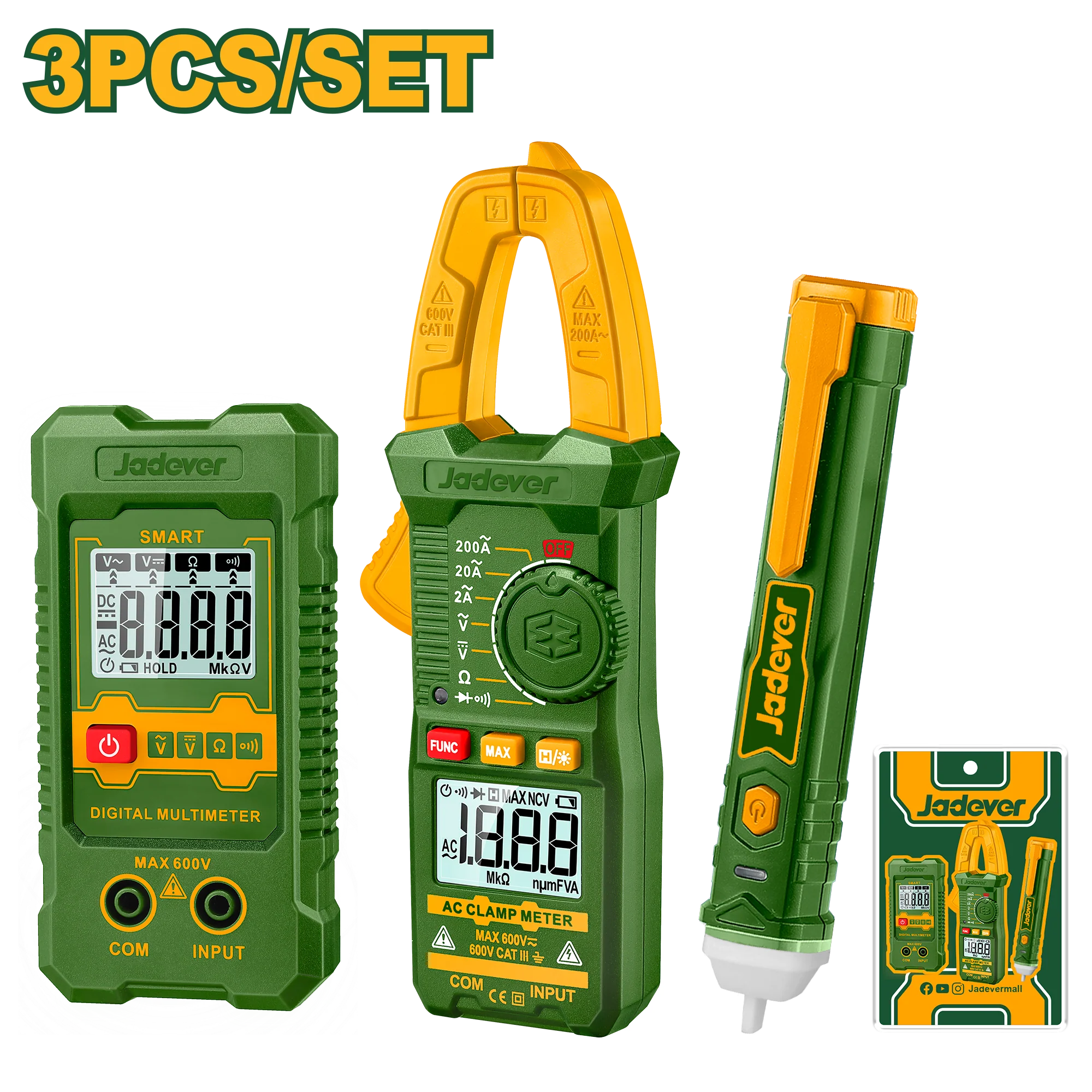 طقم اختبارات كهربائية JADEVER - 3 قطع مع مقياس مشبك وكاشف جهد