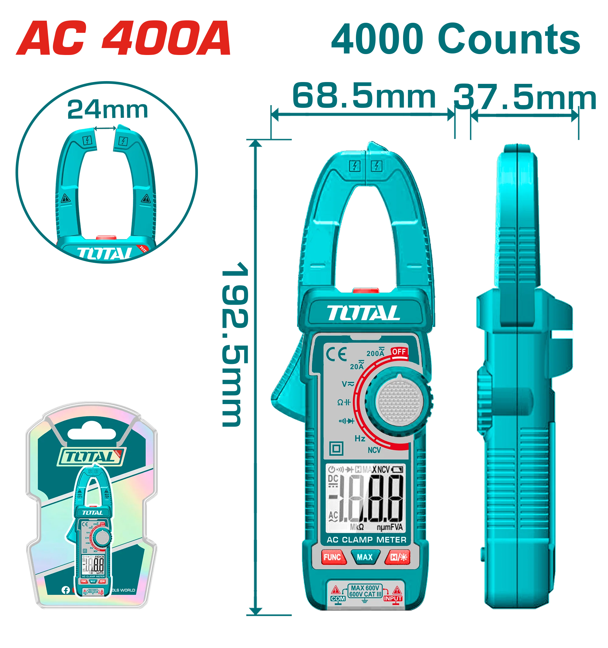 مقياس تيار متردد رقمي TOTAL 400A - TRMS 4000 عد قياس دقيق وآمن