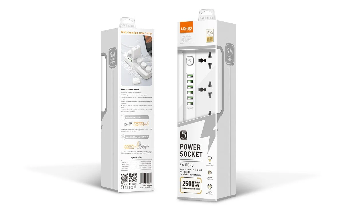 وصلة كهرباء ينفيرسال 5 مخارج مع 6 مخارج شحن USB من لدينيو LDNIO - Image 3