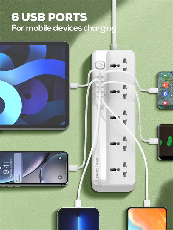 وصلة كهرباء ينفيرسال 5 مخارج مع 6 مخارج شحن USB من لدينيو LDNIO - Image 4