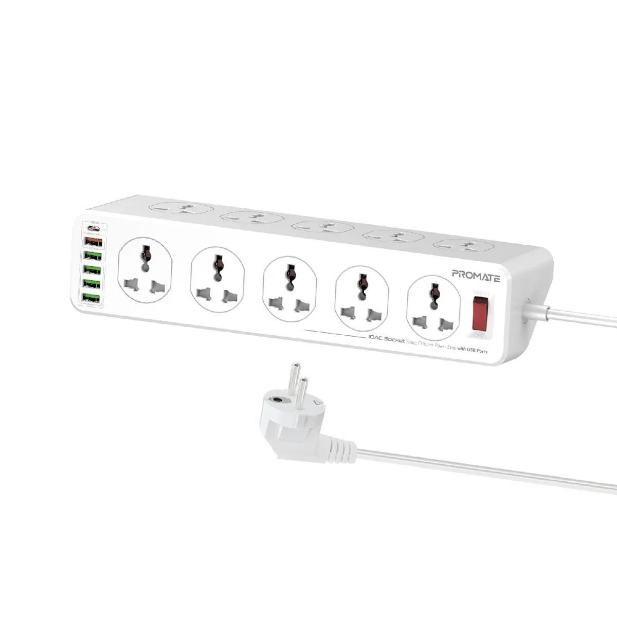 وصلة كهرباء 10 مخارج AC مع 4 منافذ USB وشحن 20W وكابل 5 متر من PROMATE