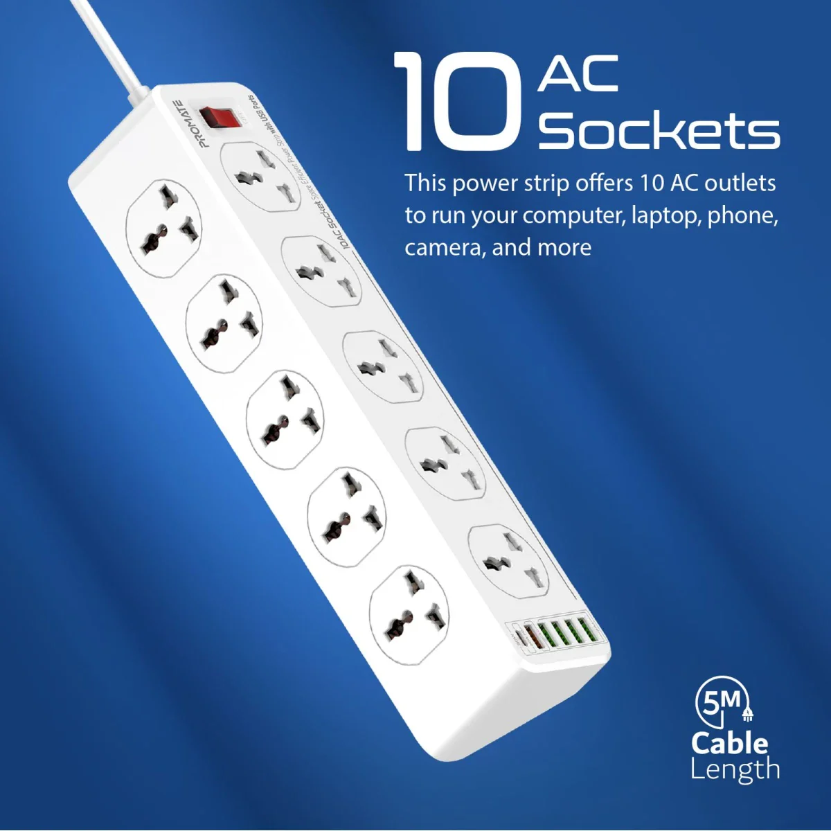 وصلة كهرباء 10 مخارج AC مع 4 منافذ USB وشحن 20W وكابل 5 متر من PROMATE - Image 2