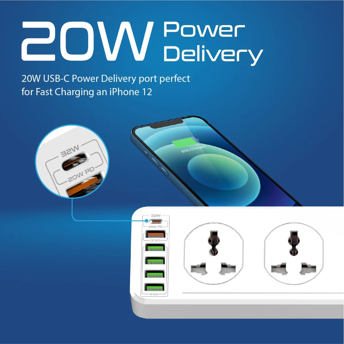 وصلة كهرباء 10 مخارج AC مع 4 منافذ USB وشحن 20W وكابل 5 متر من PROMATE - Image 3