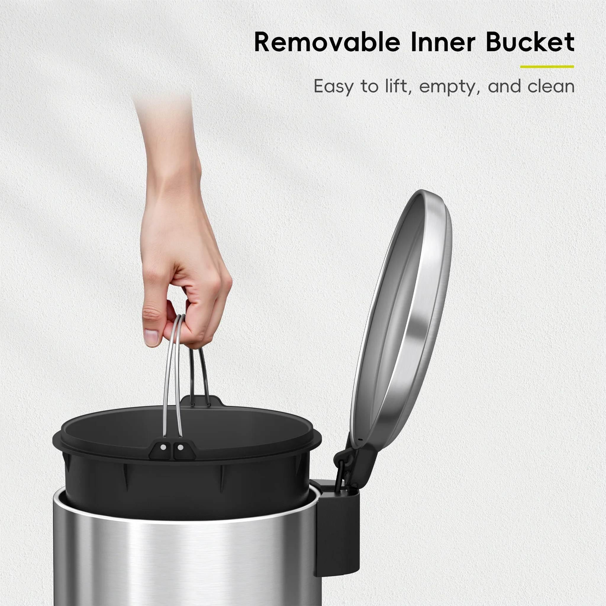 EKO Maggey 8L Step Trash Can – Stainless Steel with Soft-Close Lid & Inner Bucket - Image 6