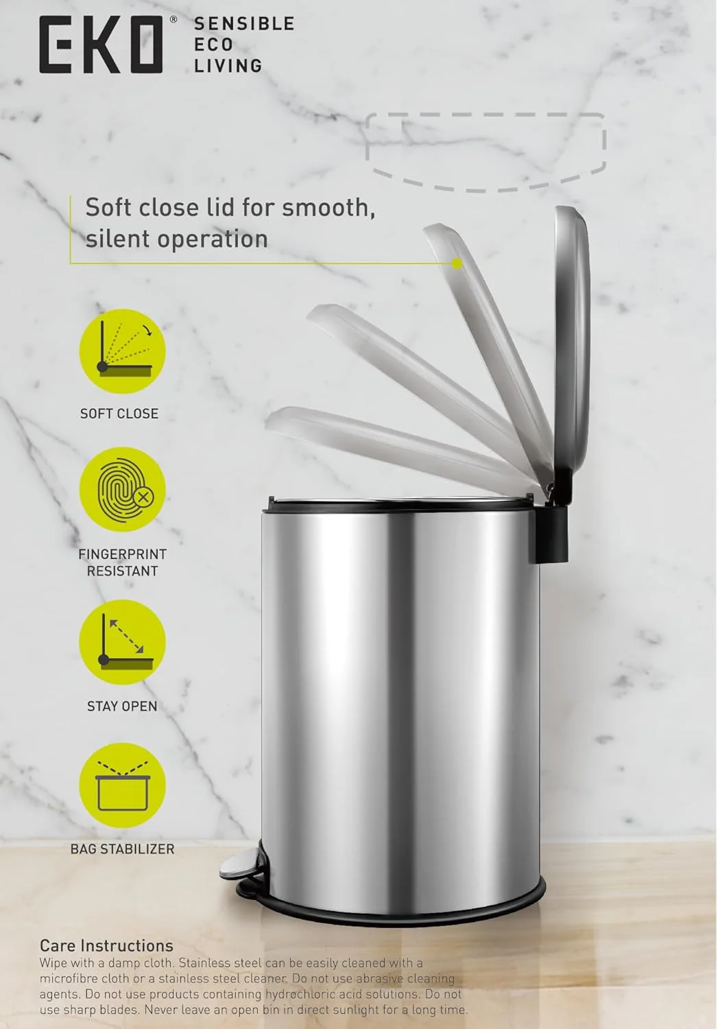 EKO Maggey 8L Step Trash Can – Stainless Steel with Soft-Close Lid & Inner Bucket - Image 7