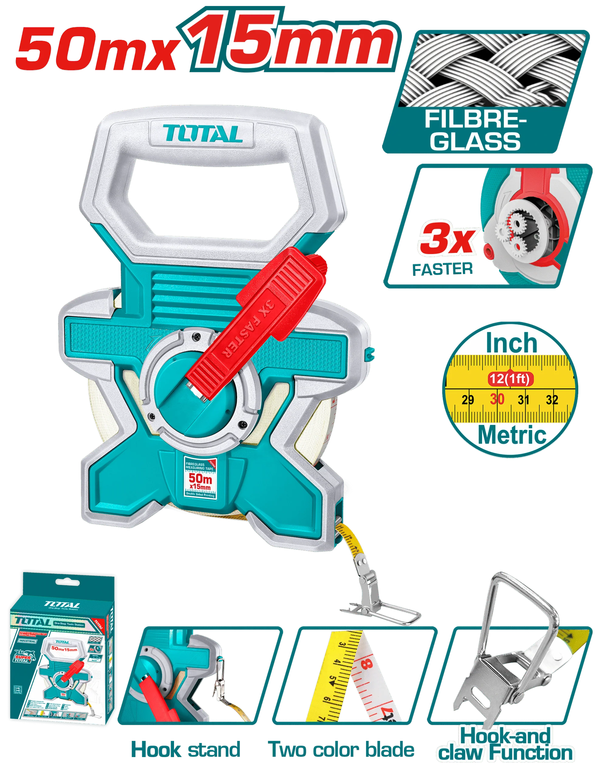 شريط قياس فيبرجلاس 50 متر × 15 ملم من توتال TOTAL