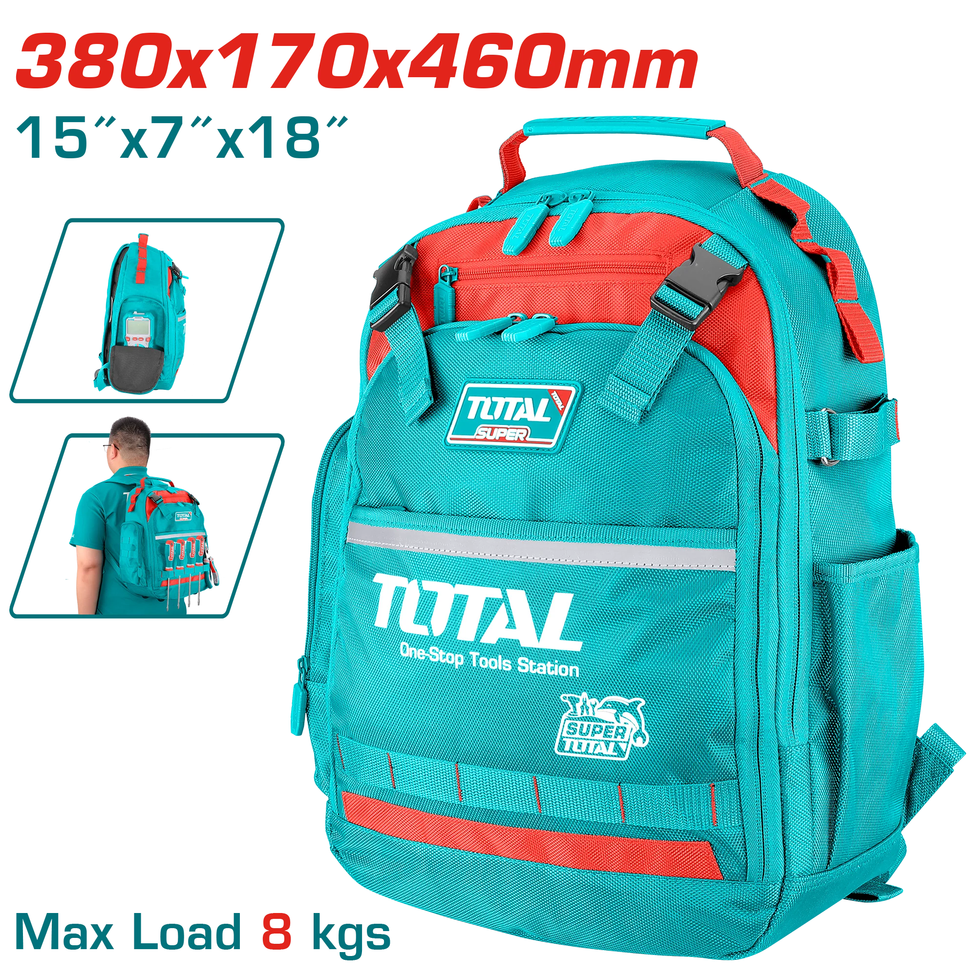 شنطة عدة ظهر فارغة Total THBP0202 بسعة 8 كغ وأبعاد 38*17*46 سم متميزة بجيوب إضافية وإطار صلب - Image 2
