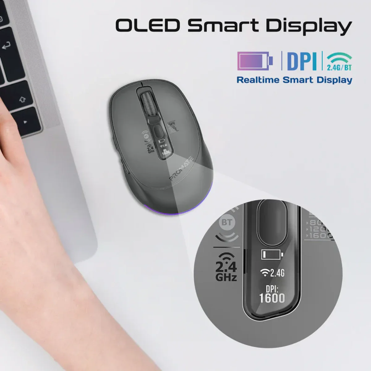 ماوس لاسلكي 7D بشاشة OLED وإضاءة RGB ونظام اتصال ثلاثي متعدد الأجهزة من PROMATE - Image 6