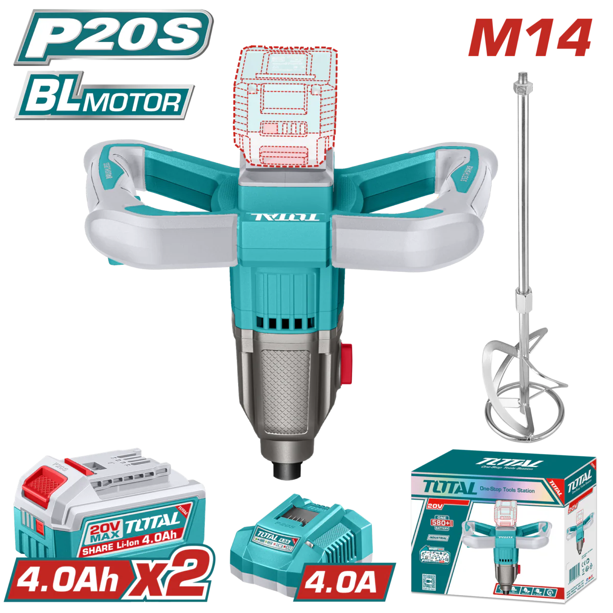 درل خلط دهان شحن 20 فولت مع 2 بطارية 4 أمبير وسرعة قابلة للتعديل
