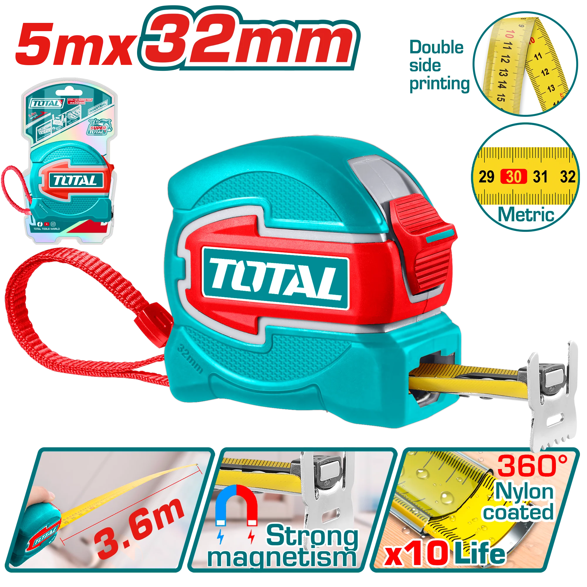 شريط قياس فولاذي 5 متر × 32 مم - خطاف مغناطيسي من توتال TOTAL