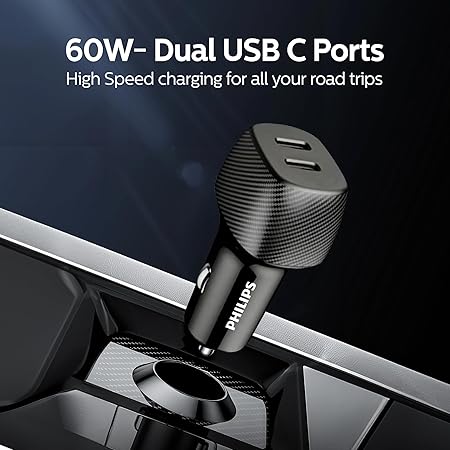 شاحن سيارة فيليبس ثنائي USB-C بقوة 60W شحن سريع وآمن - Image 2