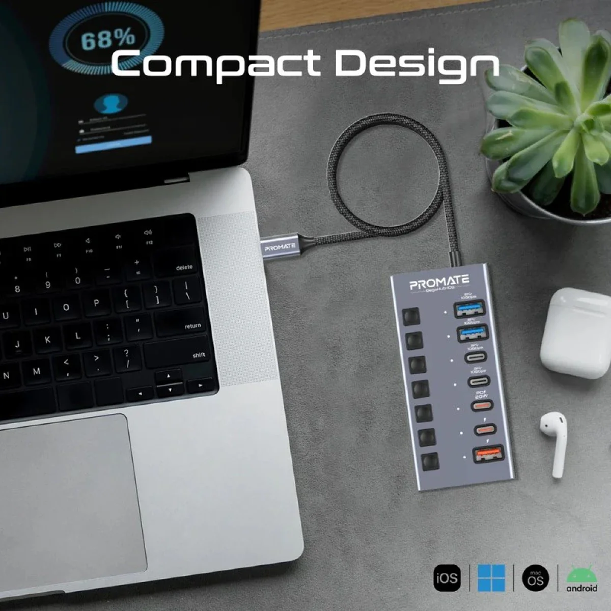 موزع USB-C جيجا هب 7 في 1 بسرعة 10Gbps وشحن 20W من PROMATE - Image 2