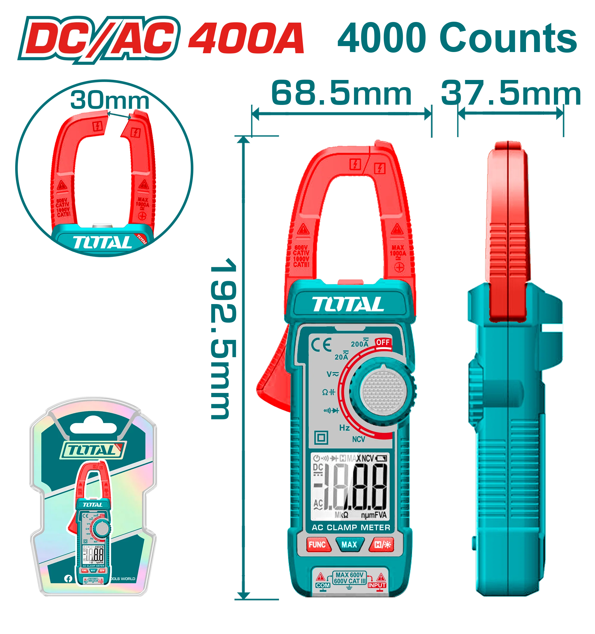TOTAL Digital DC/AC Clamp Meter 400A – TRMS 4000 Counts, NCV, Auto Power Off (TMT762002)