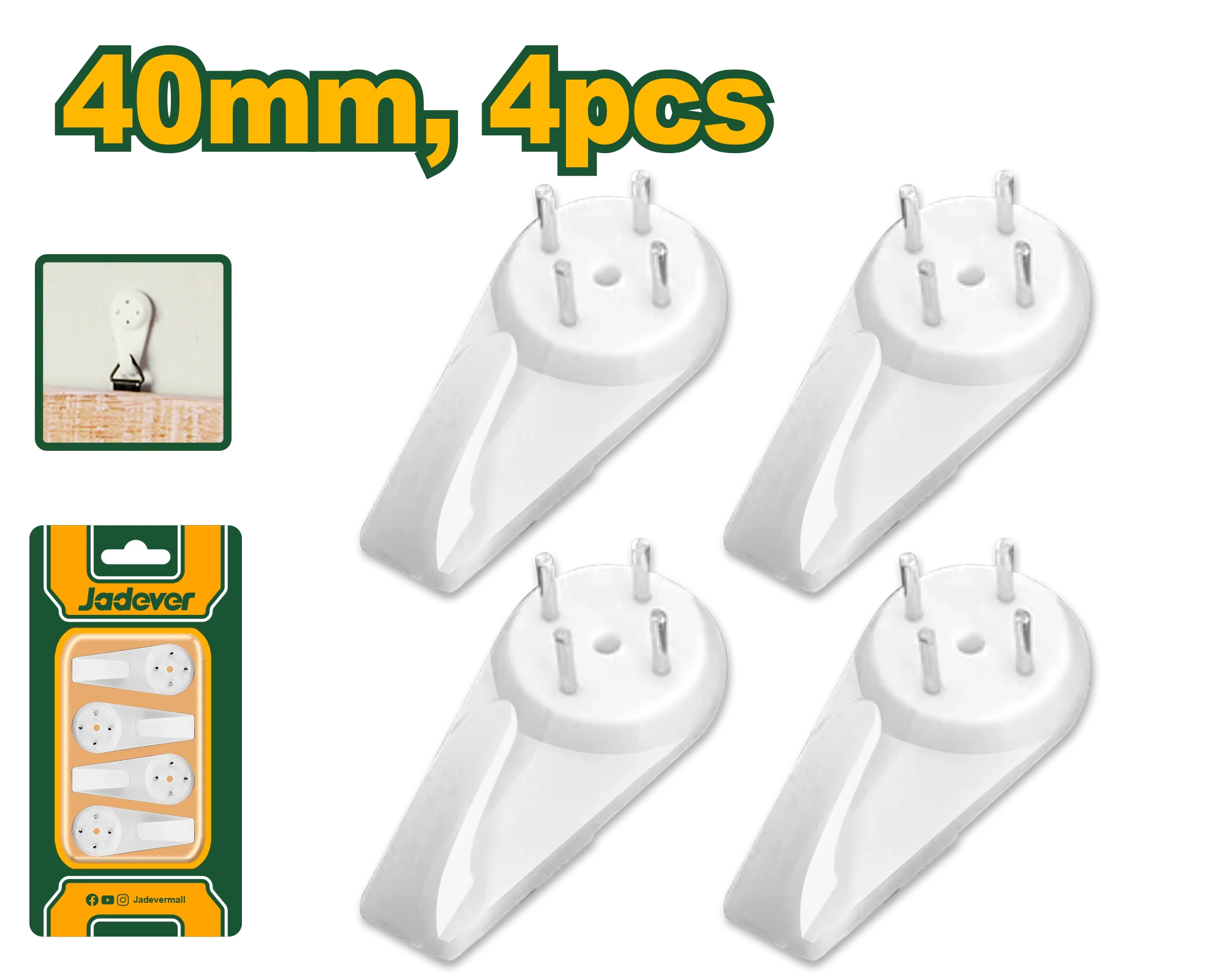 JADEVER Hardwall Picture Hangers – 40mm, 4 Pcs, Heavy-Duty ABS Hooks (JDPHK1K02)