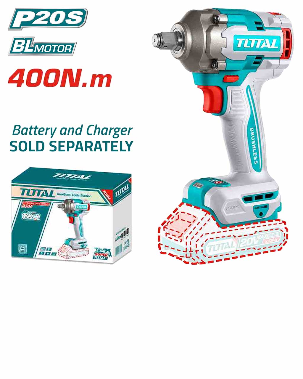 دريل بوكسات 1/2" شحن 400N.m بدون فحمات من توتال TOTAL - Image 2