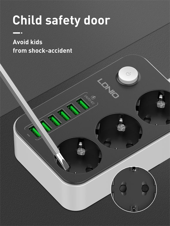 وصلة كهرباء 3 مخارج فبش المانيو 6 منافذ USB سريعة الشحن من LDNIO - Image 2