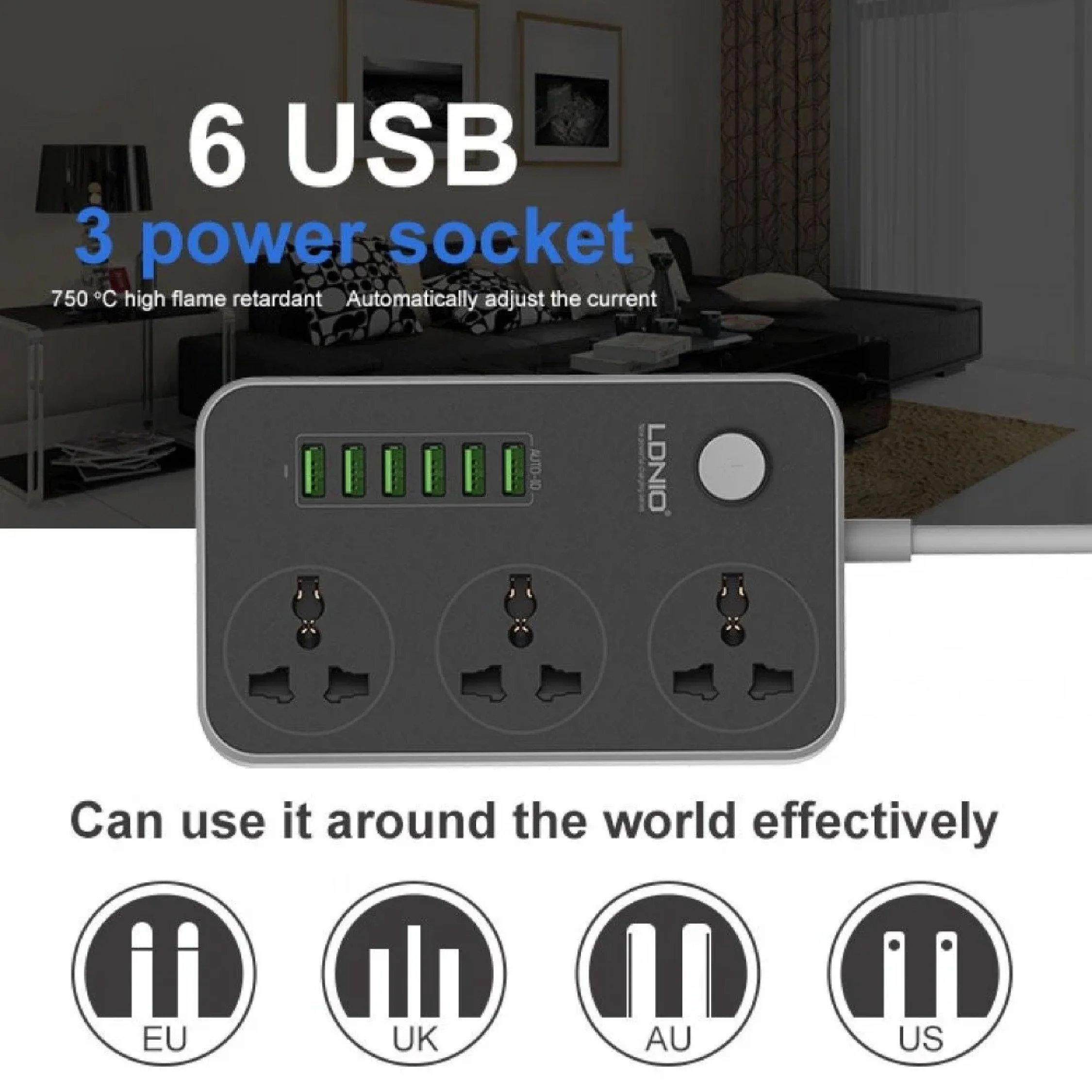 وصلة مكتب 3 مخارج مع 3 مخارج USB + مخرج C-Type نوع LDNIO - Image 3
