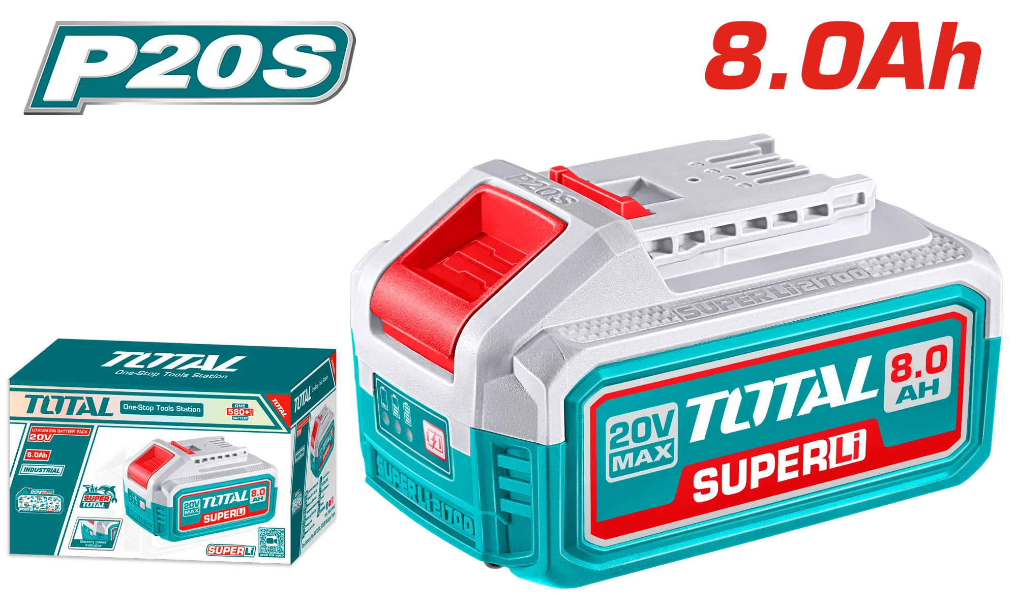 باقة بطارية Lithium-Ion TOTAL 20V 8.0AH مع مؤشر LED لسلسلة P20S