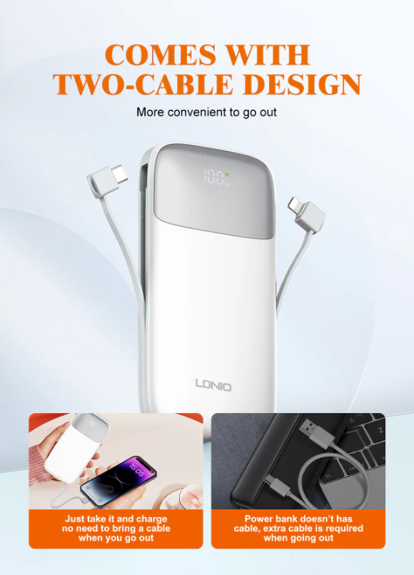 باور بانك 10000MAH للشحن السريع مع كابلات مدمجة من LDNIO - Image 7