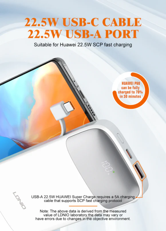 باور بانك 10000MAH للشحن السريع مع كابلات مدمجة من LDNIO - Image 8
