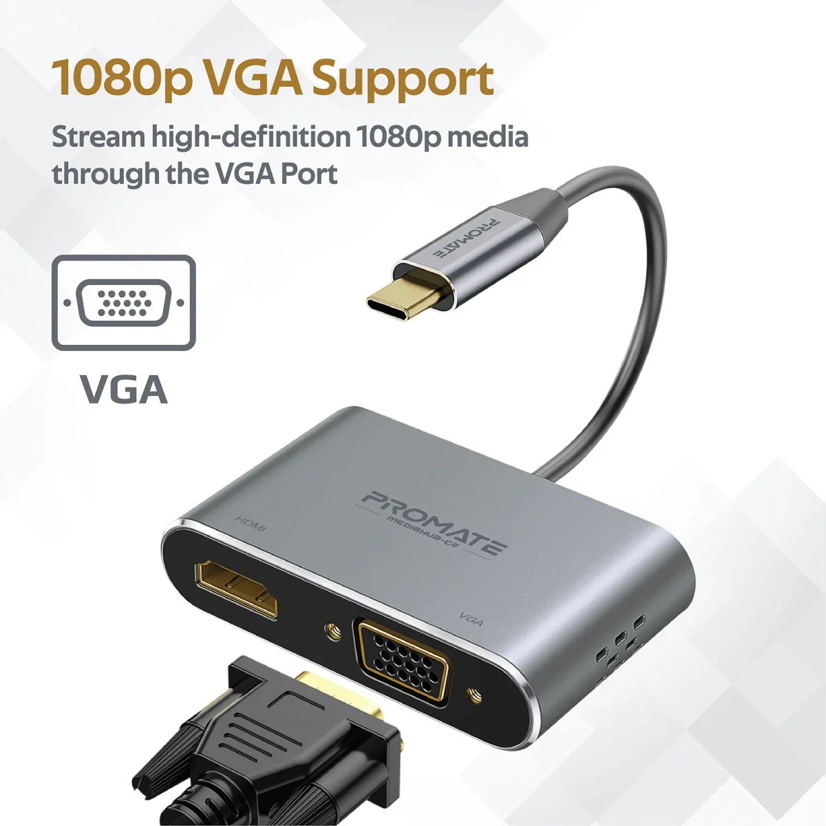 محول عرض USB-C بريميوم 2 في 1 بمنفذ HDMI بدقة 4K ومنفذ VGA من PROMATE - Image 4