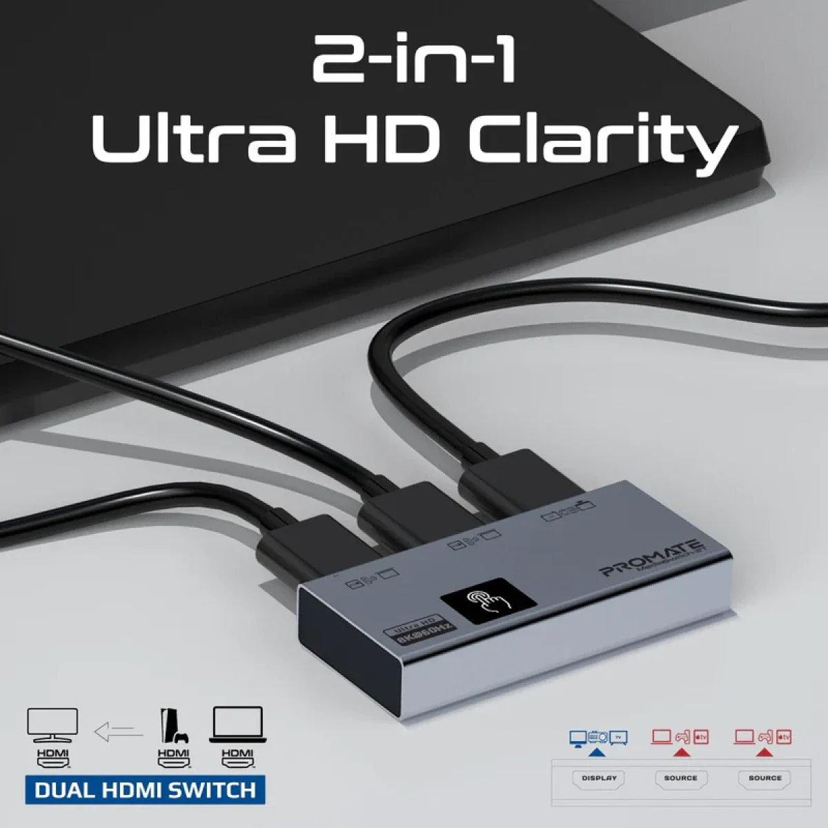 محول HDMI ميديا سويتش 3T بدقة 8K وتردد 60Hz بـ 3 منافذ وتحكم باللمس من PROMATE - Image 2