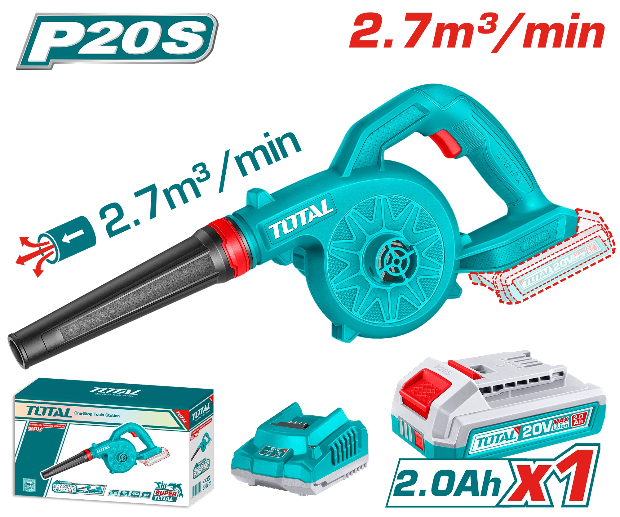 TOTAL Cordless Blower with 2.0Ah Battery and Charger – 20V, 18000rpm, 2.7 m³/min Air Volume (TABLI20781)