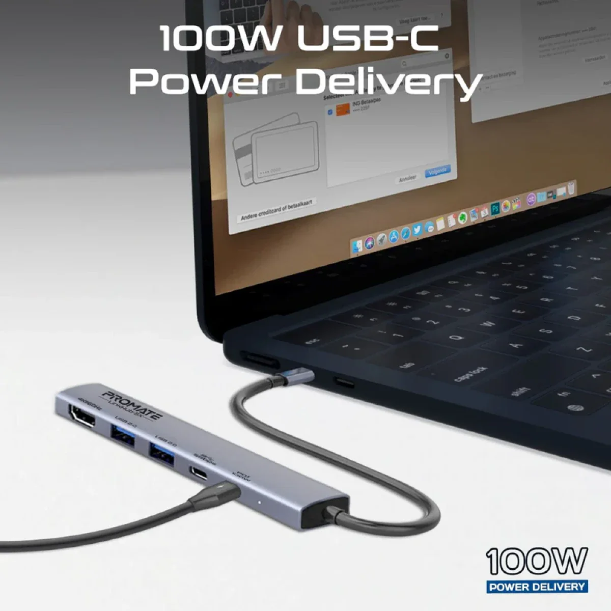 موزع USB-C متعدد الوظائف لينك هاب 5X بدقة 4K وشحن 100 واط من PROMATE - Image 2