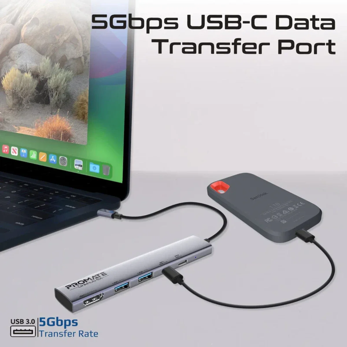 موزع USB-C متعدد الوظائف لينك هاب 5X بدقة 4K وشحن 100 واط من PROMATE - Image 3