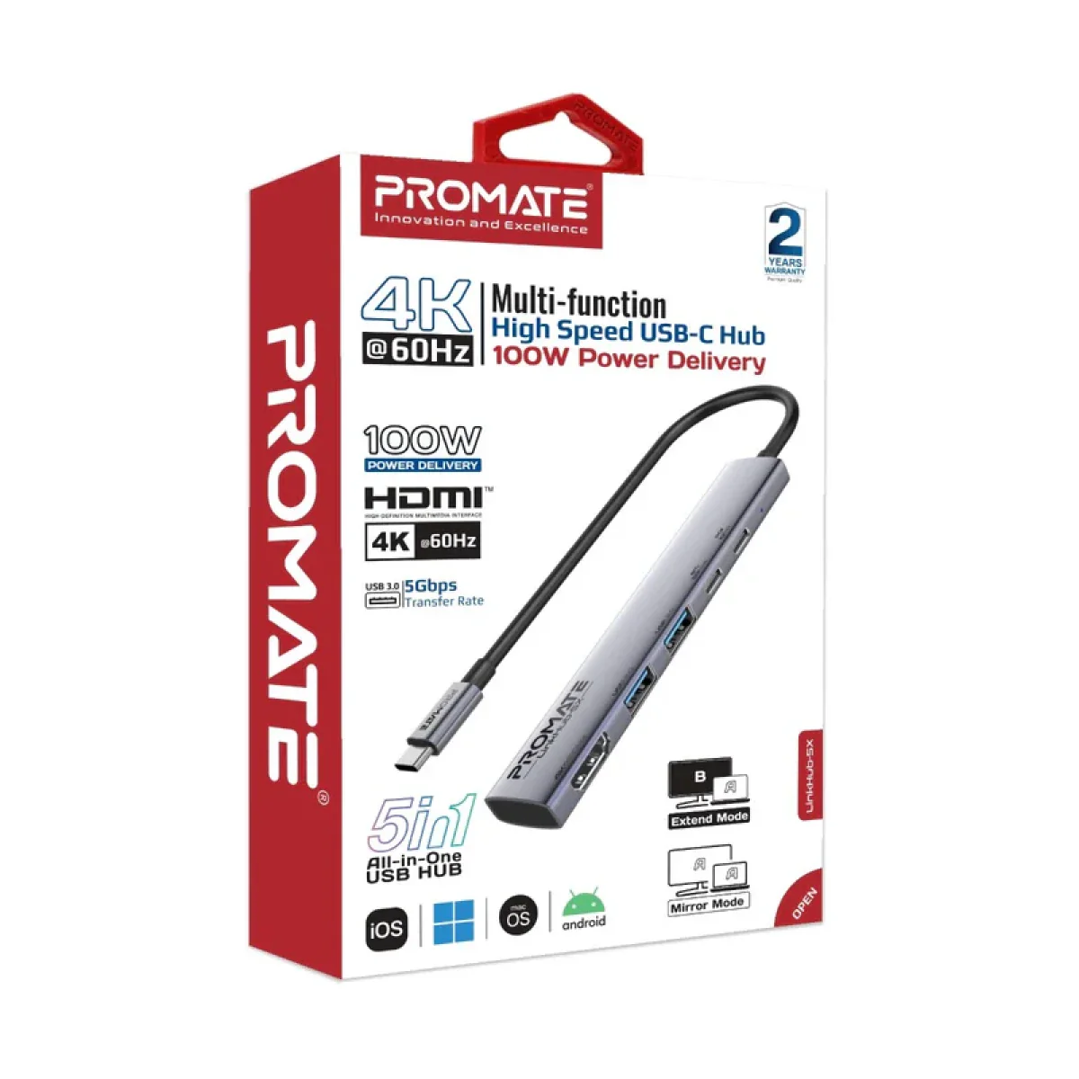 موزع USB-C متعدد الوظائف لينك هاب 5X بدقة 4K وشحن 100 واط من PROMATE - Image 9