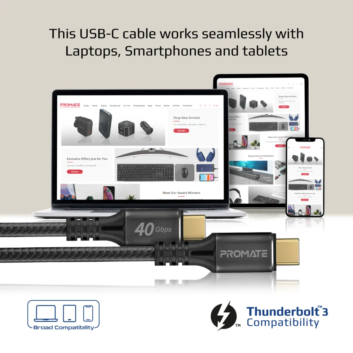 كابل شحن USB بطول 2 متر يدعم الشحن السريع للهواتف الذكية من PROMATE - Image 6