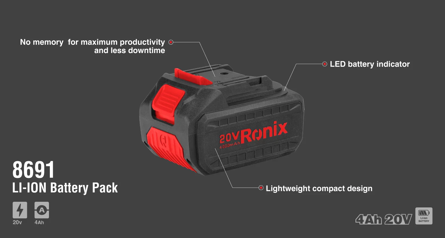بطارية شحن 20V Ah 4.0 من RONIX - Image 11