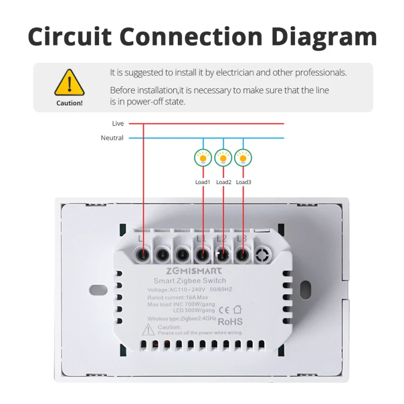 مفتاح ذكي ثلاثي- Zigbee Mesh-Zemismart - US Type - ابيض - Image 5