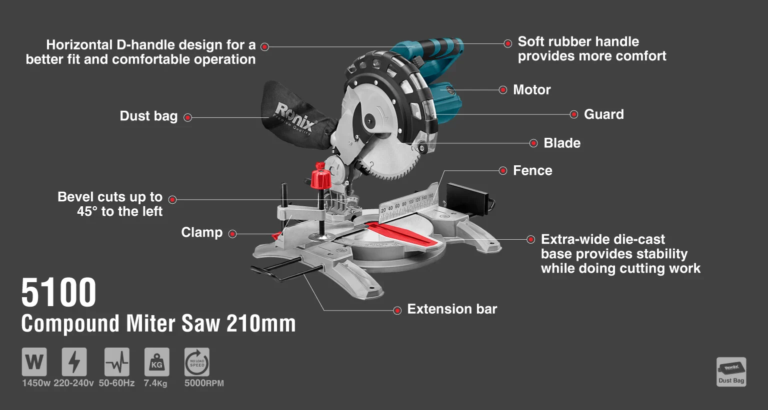 منشار ذيل 210mm 1450w من RONIX - Image 14