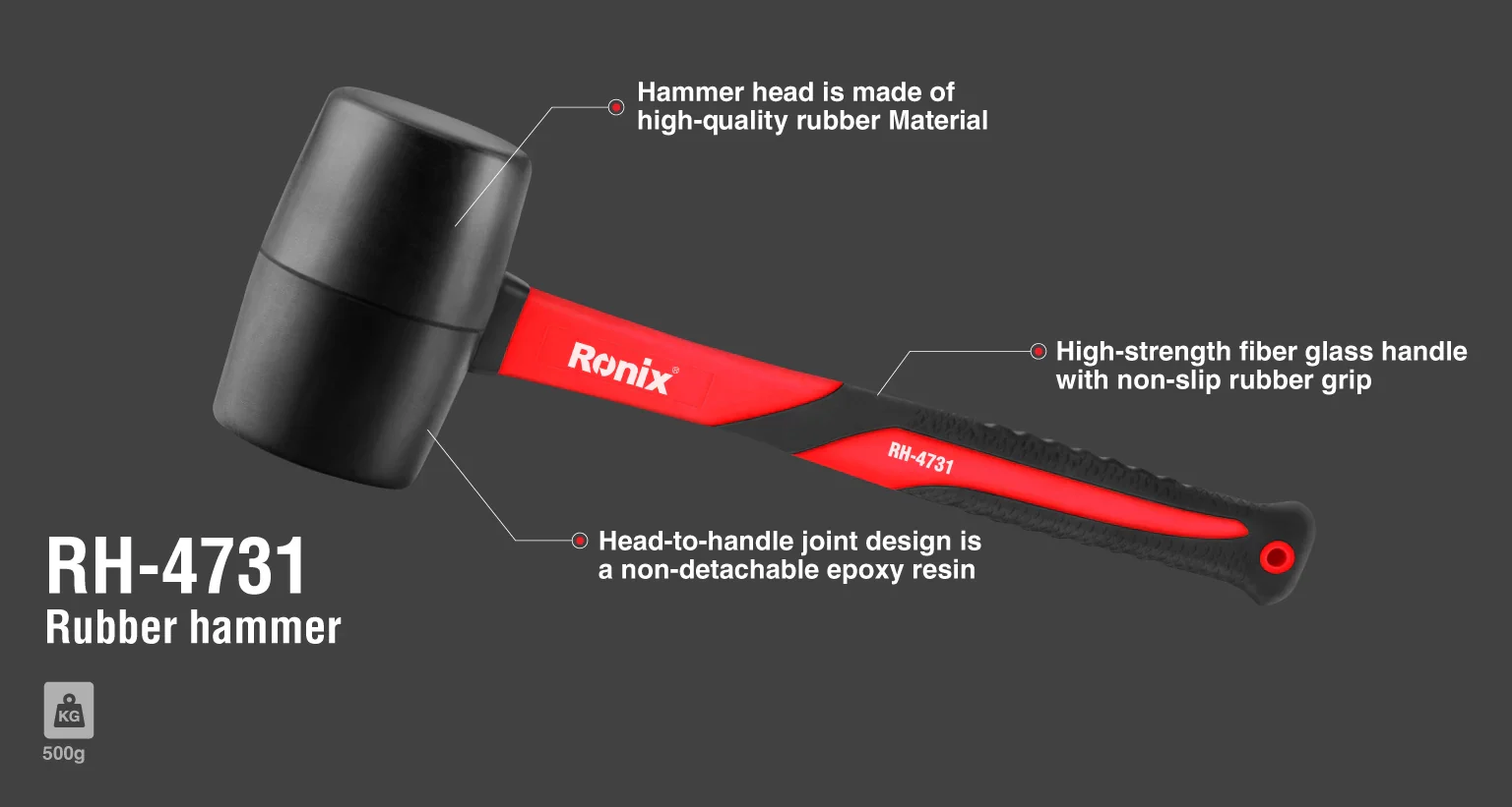 مطرقة مطاط 500 غم من RONIX - Image 2