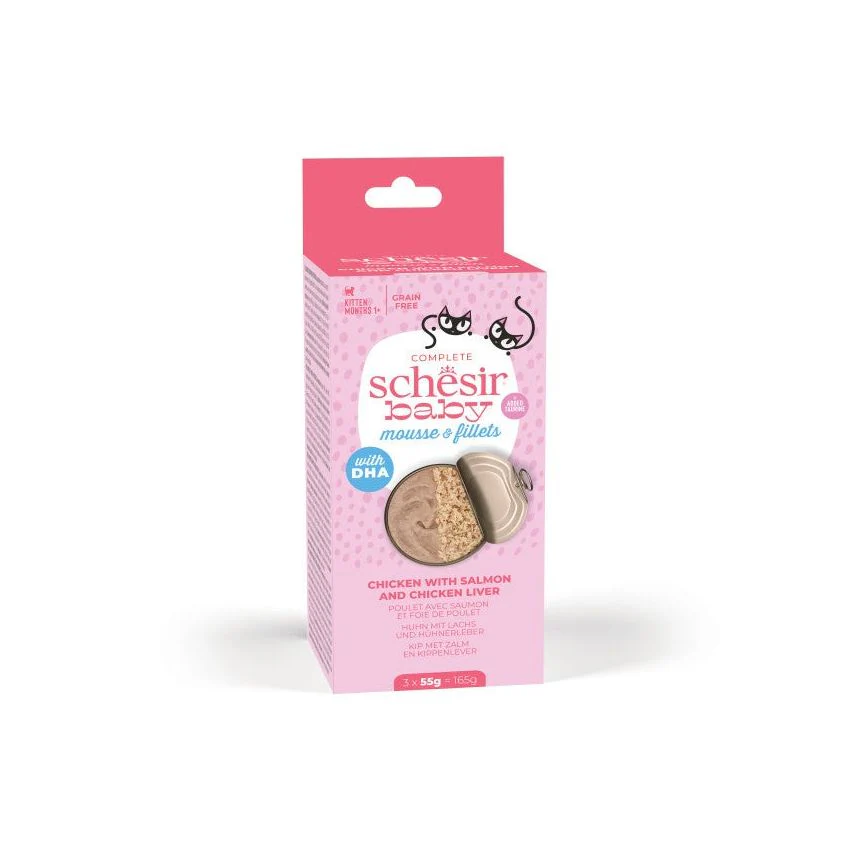 SCHESIR عبوة متعددة للقطط رضع 12X3X55G-N موس وقطع دجاج وسالمون غني بالبروتين
