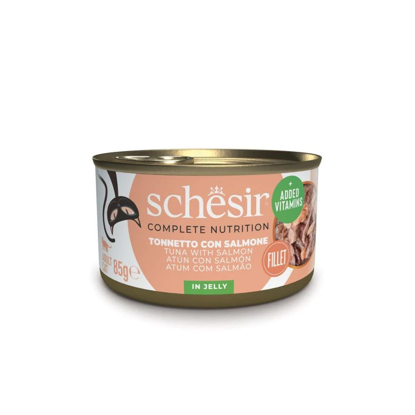 SCHESIR C&B طعام قطط رطب تونة وسالمون في هلام 12X85G(NEW) غني بالفيتامينات للقطط