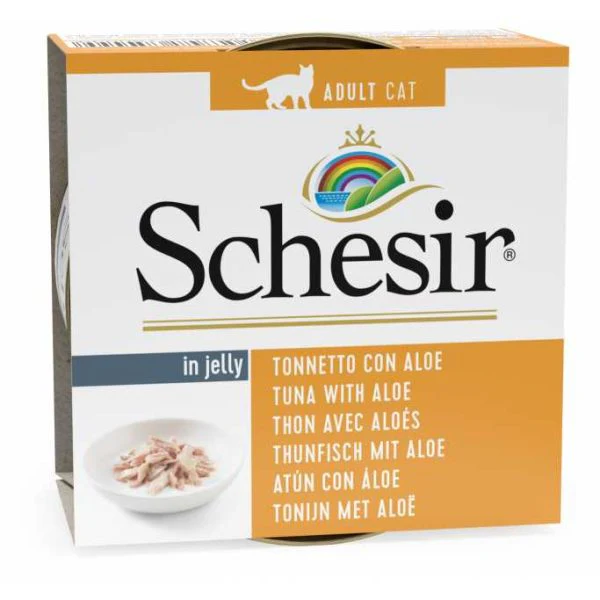 SCHESIR C143 علبة طعام هلامية بشرائح تونة حقيقية وطبقة ألوة 56x85 gr للقطط