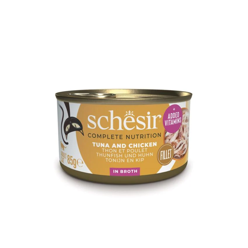 SCHESIR C175 علبة طعام للقطط 56x85gr تونة ودجاج مع أرز وشرائح حقيقية