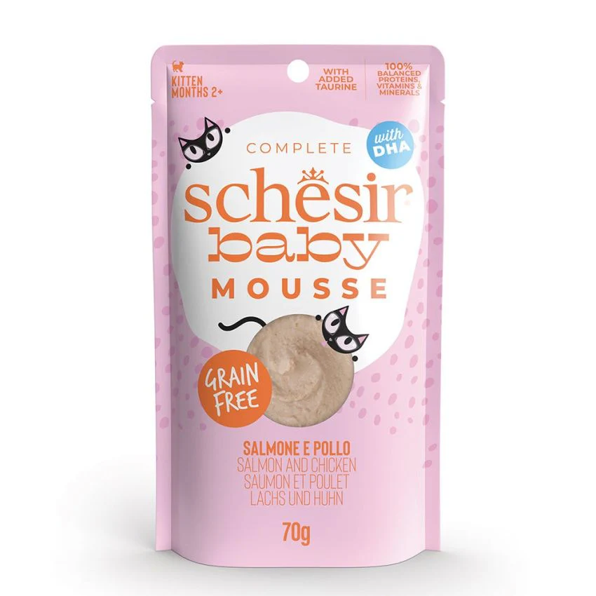 SCHESIR أكياس موس ناعم وحريري للقطط الصغيرة سلمون ودجاج 12X70G(NEW)